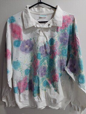 Vintage Kellysport Women's M Long-sleeve Polo Shirt Watercolor Floral Cotton